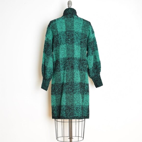 vintage 80s cardigan sweater coat green black buffalo plaid chunky oversized - Picture 6 of 9